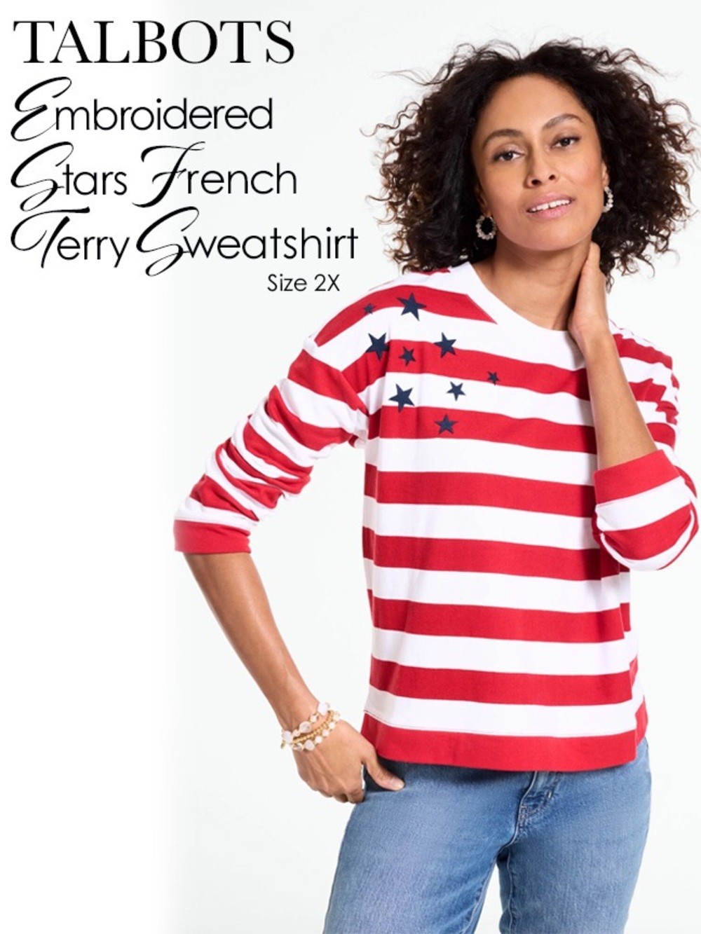 Talbots Red and White Striped Embroidered Stars French Terry Sweatshirt